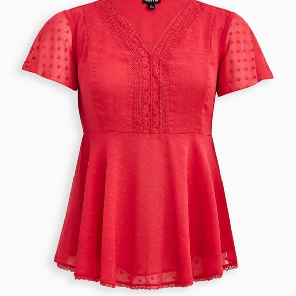 Torrid Peplum Chiffon Clip Dot Lace Inset Top - Picture 5 of 16